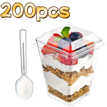 Disposable Dessert Cups with Lids & Spoons, 5oz Plastic Pudding Cups Set, 50/100/150/200 Pack Mini Clear Cups for Parties