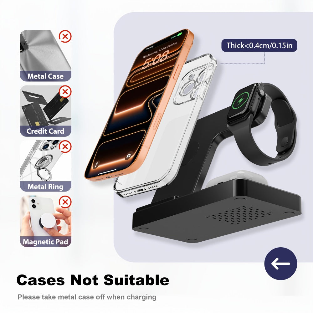 Foldable 3-in-1 Wireless Charging Station with LED Indicator & Anti-Slip Fast Charge for iPhone 17 16 15 14 13 12 11 Pro Max XR XS
