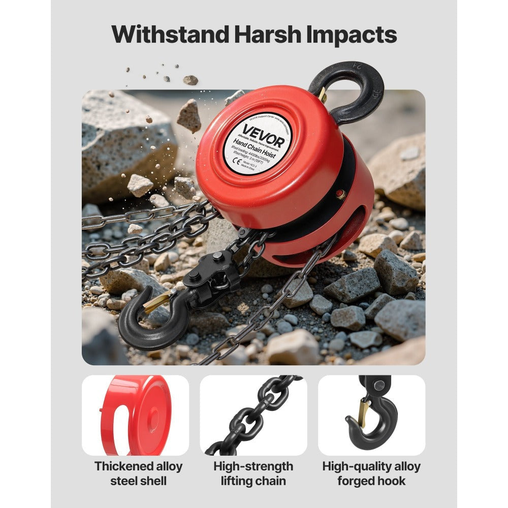 Hand Chain Hoist / Manual Chain Block with G70 Chain, 8 ft / 10 ft / 20 ft Lift Height, 360° Rotating Hooks