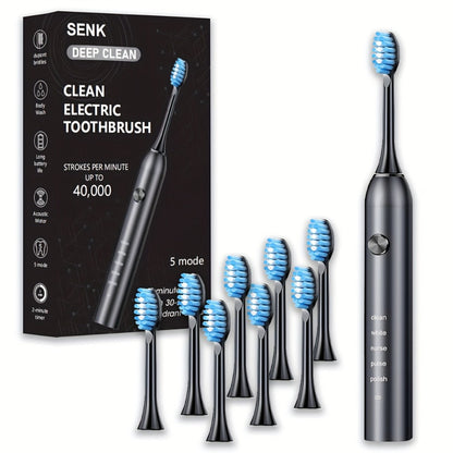 Electric Toothbrush with Five Modes, 40, 000 Vibrations per Minute, Type-C Charging and Four or Eight Heads