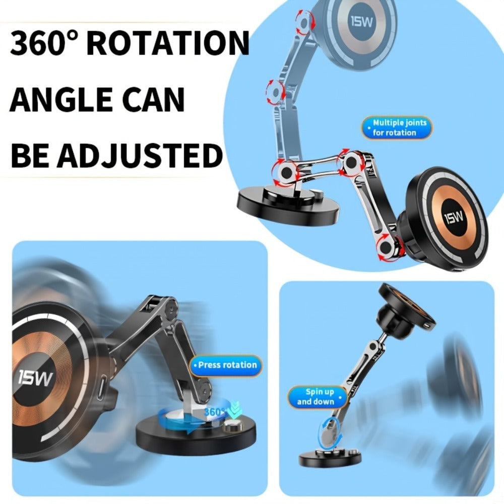 Magnetic Wireless Charging Car Mount with 15W Label, Folding Arm, 360-Degree Rotation and Black Finish