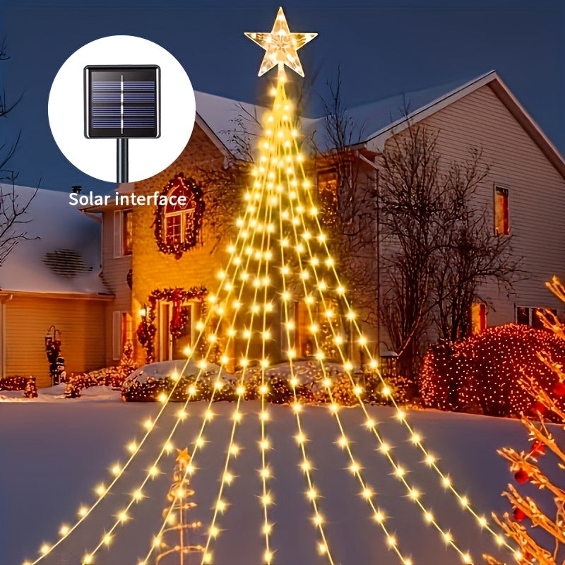 Christmas Tree Waterfall Fairy Lights 200 LED with Star Top Decoration, 8 Lighting Modes, Battery