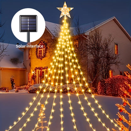 Christmas Tree Waterfall Fairy Lights 200 LED with Star Top Decoration, 8 Lighting Modes, Battery