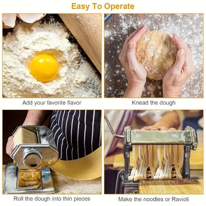 Pasta Machine with 8 Adjustable Thickness Settings, 2-in-1 Stainless Steel Manual Pasta Maker with Roller & Cutter