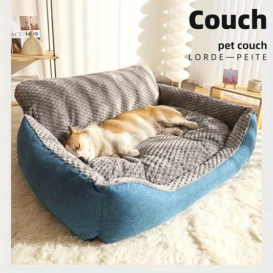 Blue-Gray Dog Bed Couch with Raised Back and Side Bolsters in Four Sizes, Plus One Random Cat Teaser