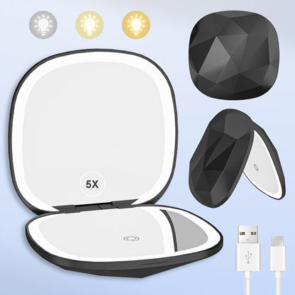 LED Makeup Mirror with 5X Magnification & 3 Color Lights – Dual Sided 1X 5X Lighted Vanity Mirror, Portable Compact Travel Mirror for Women
