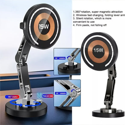 Magnetic Wireless Charging Car Mount with 15W Label, Folding Arm, 360-Degree Rotation and Black Finish