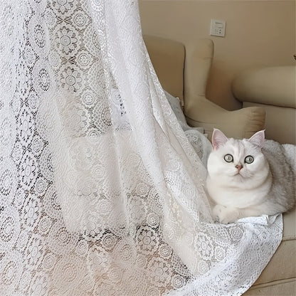 White French-Style Lace Sheer Curtain Panel with Rod-Pocket Header and Three Length Options