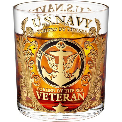 Engraved Veteran Tribute Whiskey Glass 10oz - US Navy Military Gift, Personalized Patriotic Whiskey Glasses for Dad