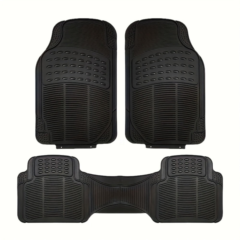 Molded Black Car Floor Mats, Three-Piece PVC Set with Two Front Mats, Rear Liner and Trim Guides