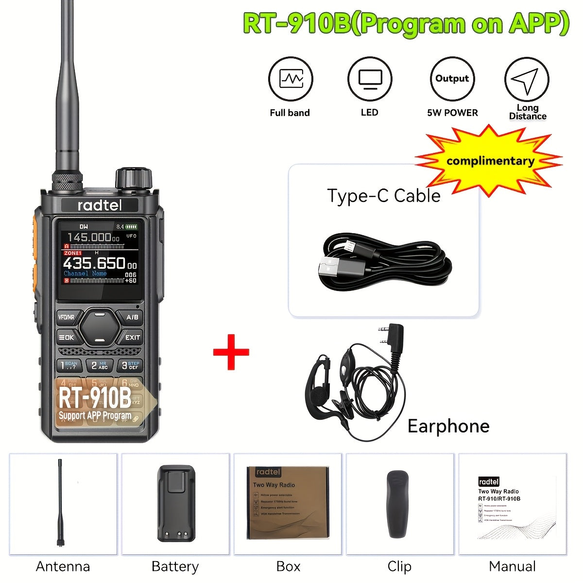 Tri-Band Ham Radio Handheld Walkie Talkie Radtel RT-910B, 6M VHF UHF Air Band Two-Way Radio, APP Programming