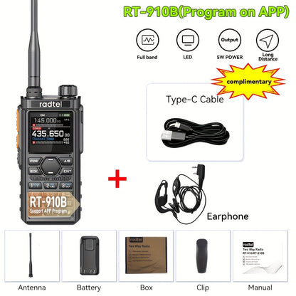 Tri-Band Ham Radio Handheld Walkie Talkie Radtel RT-910B, 6M VHF UHF Air Band Two-Way Radio, APP Programming