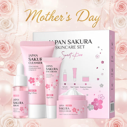 4-Piece Sakura Skincare Gift Set with Cleanser, Serum, Essence Cream and Eye Cream in Coordinated Pink Packaging