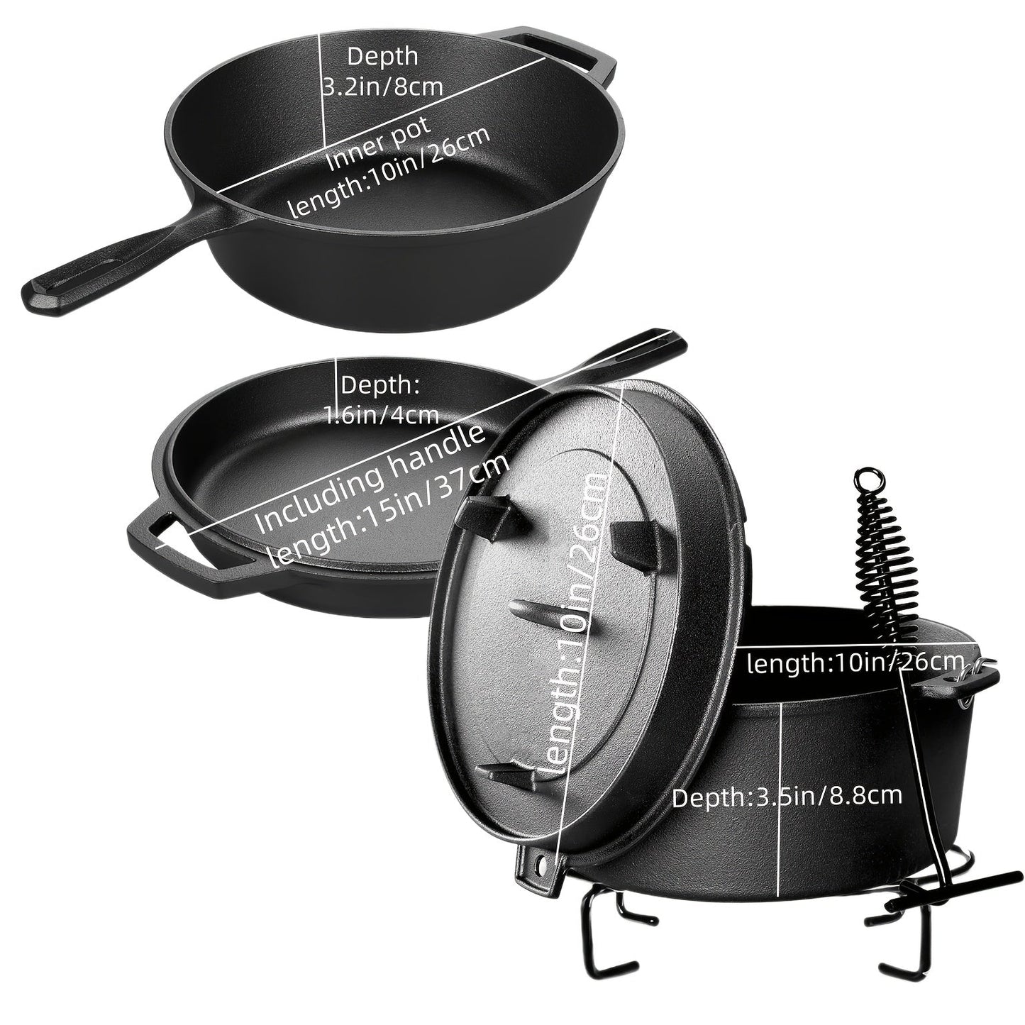 Cast Iron Cookware Set for Kitchen Camping BBQ – Non-Stick Skillet Dutch Pot Frying Pan Baking Tray Griddle Options