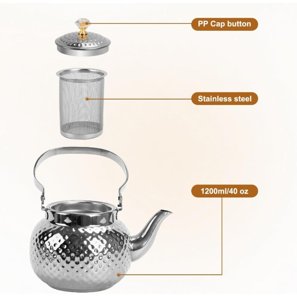 Hammered Tea Kettle Stainless Steel, 40.58oz Stovetop Teapot with Strainer for Loose Leaf Tea, Coffee & Milk
