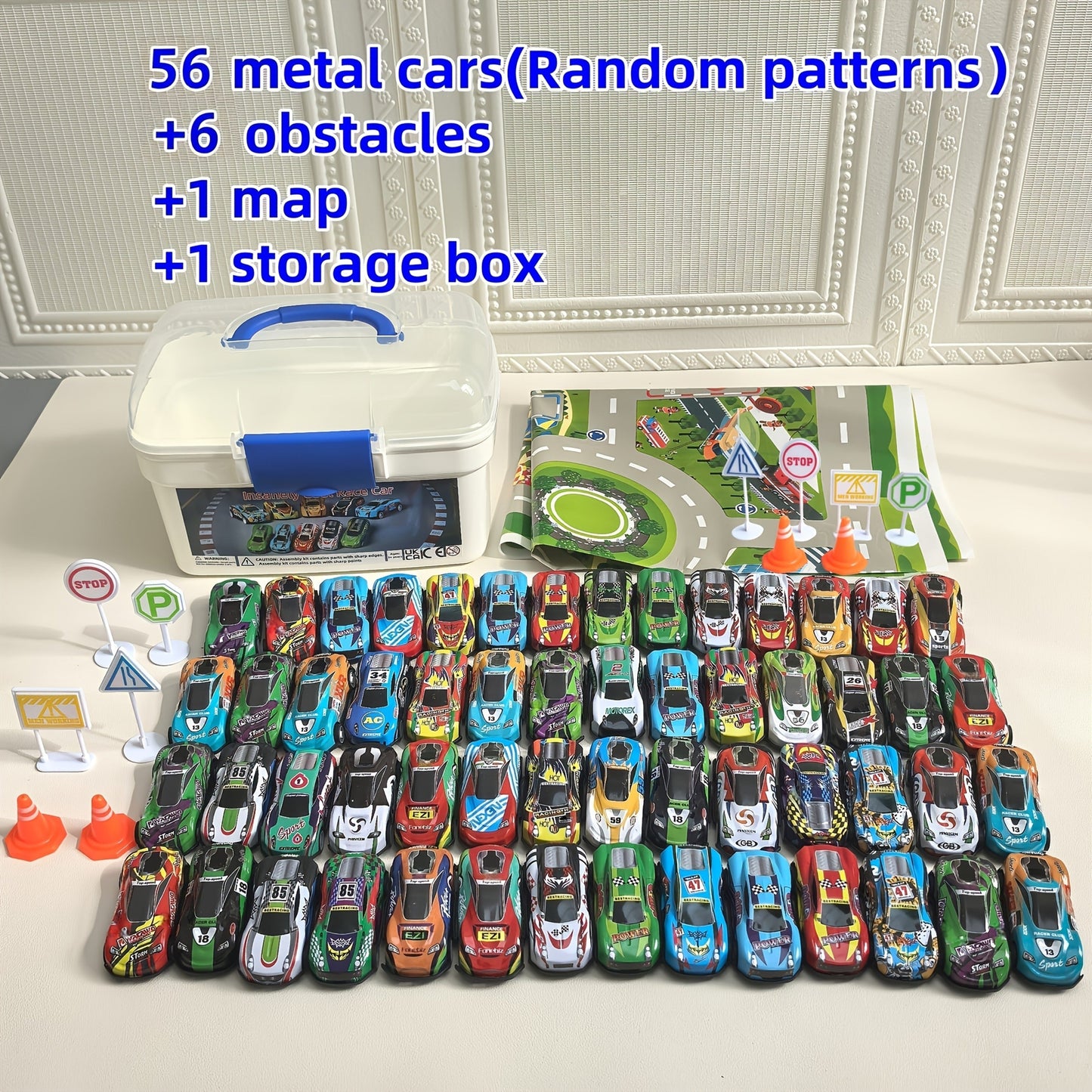 64 Pcs Pull Back Toy Car Set with City Map, Traffic Signs & Storage Box, 56 Mini Die-Cast Vehicles for Kids Boys Girls Ages 3+