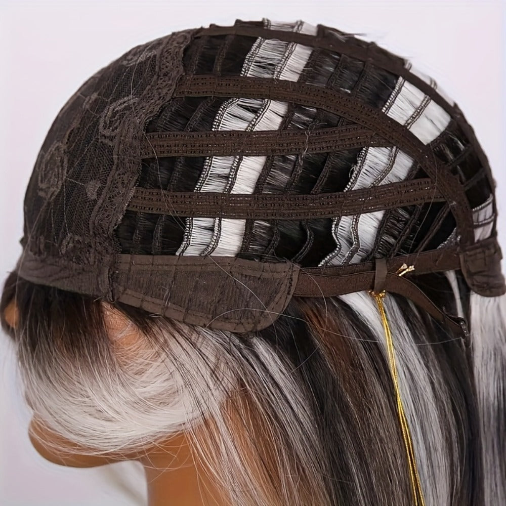 Synthetic Wig 26-Inch Milky White Ombre Straight Style with A-Line Bangs and Glue-Free Cap