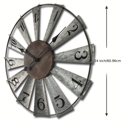 24-Inch Windmill-Style Metal Wall Clock with Galvanized-Look Silver Blades and Brown Analog Center