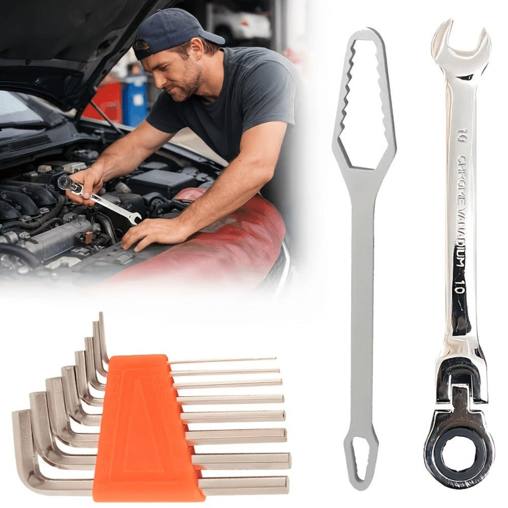 Wrench Set 10-Piece Multi-Function, 8 Hex Wrenches, Flare Wrench & 10mm Ratchet Wrench, Chrome Vanadium Steel
