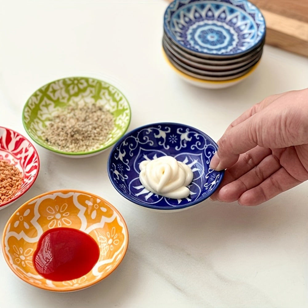 Ceramic Condiment Dish Set of 10, Bohemian Small Saucer Dipping Bowls for Soy Sauce, Vinegar & Spices