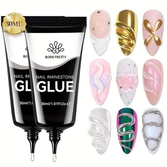Rhinestone Glue Gel 2pcs Strong Bond 1.01oz Each – Professional Nail Charm Adhesive for 3D Gems, Crystals & Bling Decorations