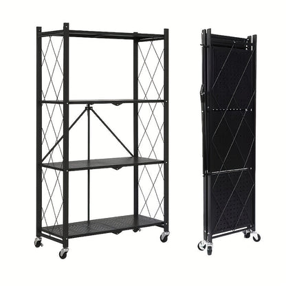 Three-to-Five-Tier Folding Storage Rack with Metal Shelves, Caster Wheels and Black or White Finish