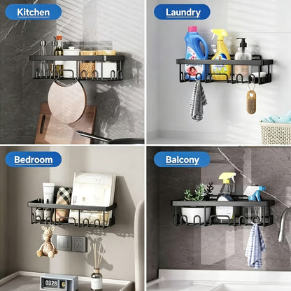 Six-Piece Black Adhesive Wall-Mounted Shower Caddy Set with Shelves, Hooks and Paper Holder