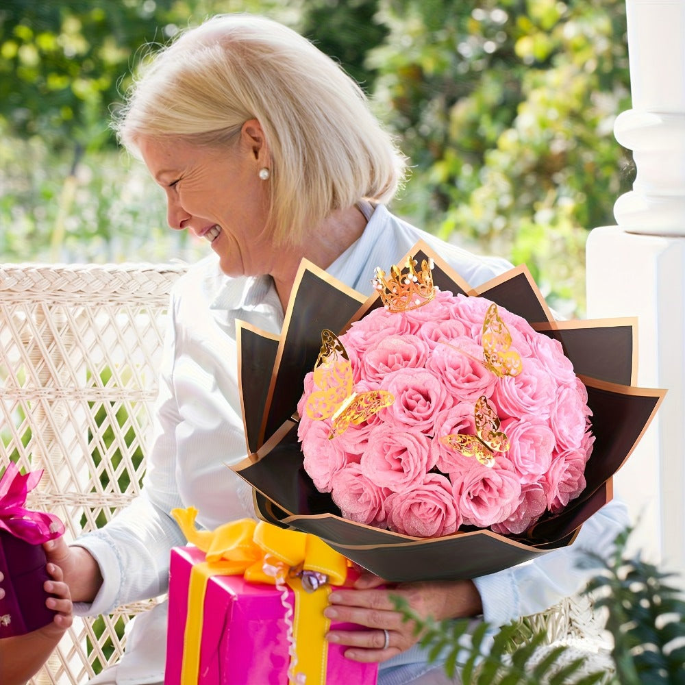 Artificial Rose Bouquet 24 Glitter Roses with 6 Golden Butterflies, Everlasting Shiny Fake Flower Bouquet for Wedding