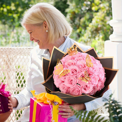 Artificial Rose Bouquet 24 Glitter Roses with 6 Golden Butterflies, Everlasting Shiny Fake Flower Bouquet for Wedding
