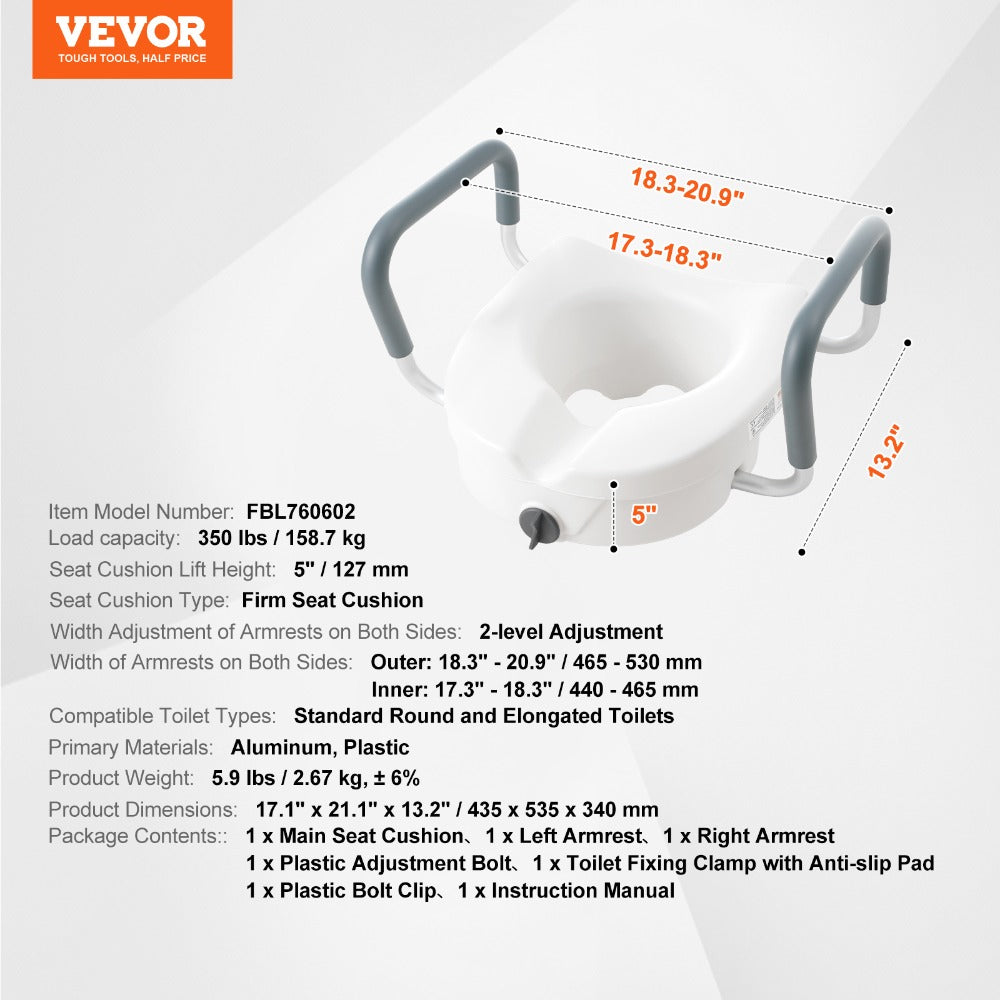 Raised Toilet Seat with Arms for Seniors & Elderly - 5 Inch Elevated Toilet Seat, Twist Lock, Adjustable Armrests with Padding
