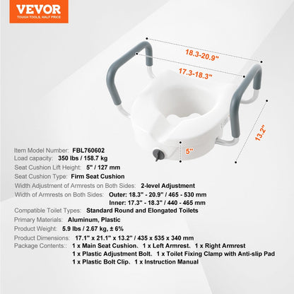 Raised Toilet Seat with Arms for Seniors & Elderly - 5 Inch Elevated Toilet Seat, Twist Lock, Adjustable Armrests with Padding
