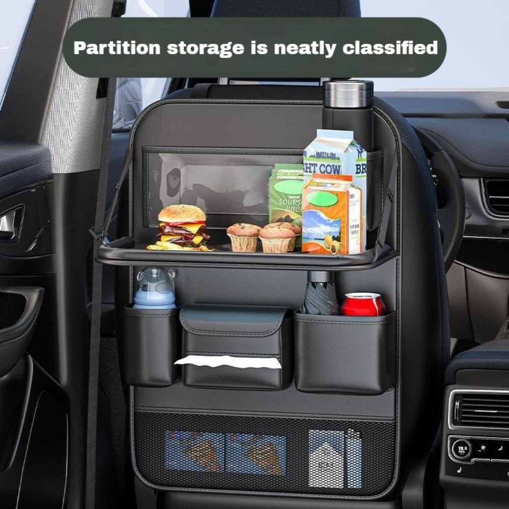 Faux Leather Car Seat Back Organizer with Foldable Tray and Tablet Stand in Black, Gray or Brown, One- or Two-Piece Packs