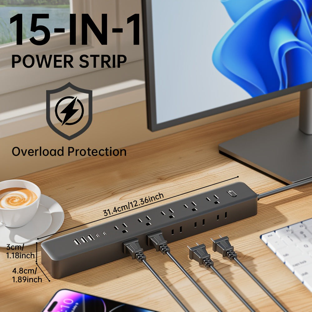 Wall Mount Power Strip 15-in-1 Slim Long Strip, 10 AC Outlets & 5 USB Ports (3 USB-A + 2 USB-C), Surge Protection Overload Protection