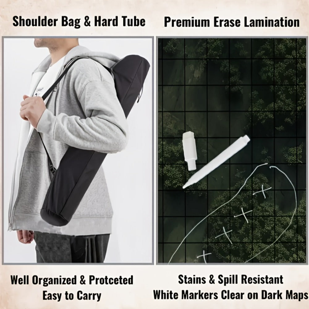 DnD Battle Map 3 Pack 24x36 Inch Dry Erase – Double-Sided 6 Terrain Grid Mats with Dice Accessories & Shoulder Bag