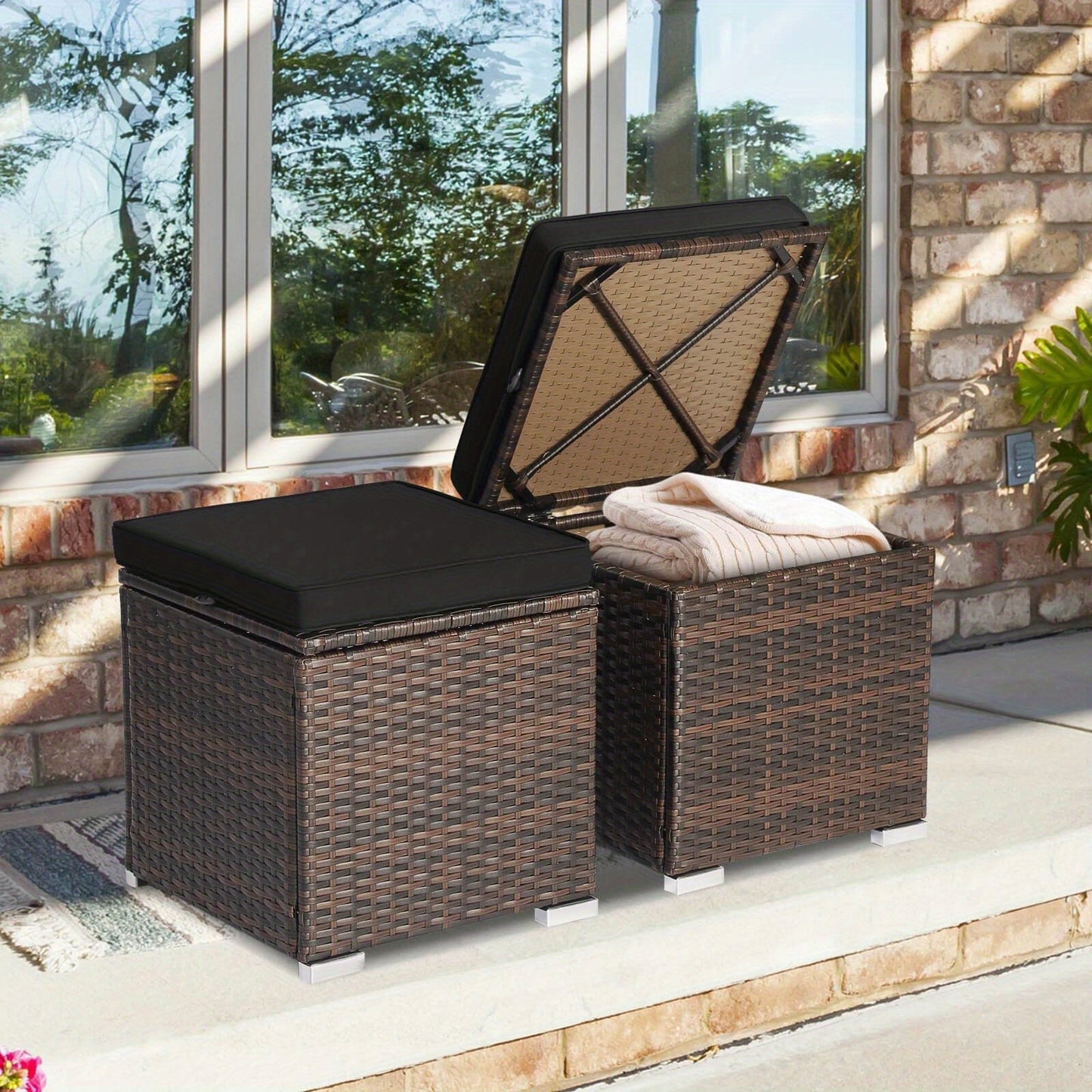 Outdoor Wicker Ottoman Set of 2 with Hidden Storage – PE Wicker Footstools with Detachable Cushions, Side Table & Extra Seating for Patio
