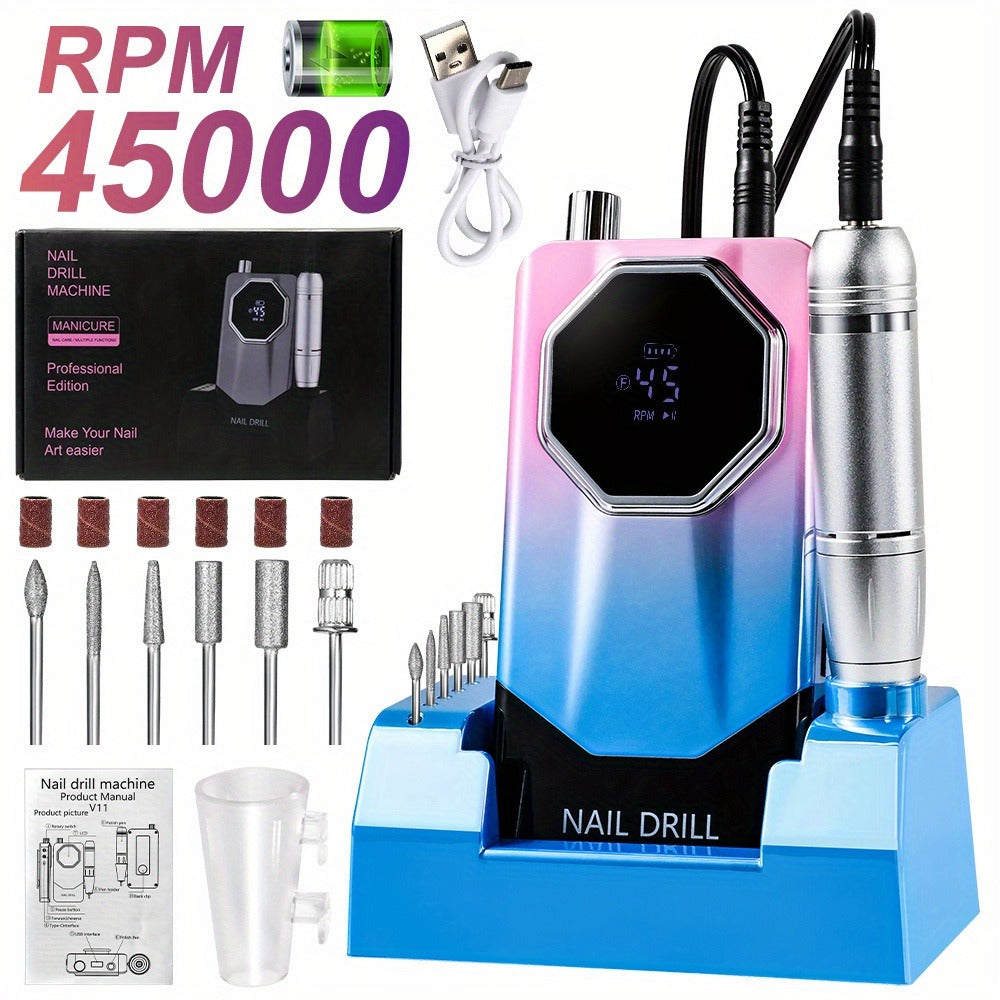 Electric Nail Drill 45000 RPM USB Rechargeable Kit with LCD, Forward Reverse and Three Finishes