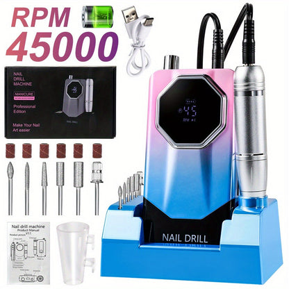 Electric Nail Drill 45000 RPM USB Rechargeable Kit with LCD, Forward Reverse and Three Finishes