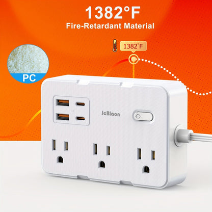Surge Protector Power Strip 10-in-1 with 6 AC Outlets, 2 USB-A, 2 USB-C, Flat Plug and 5 ft Extension Cord