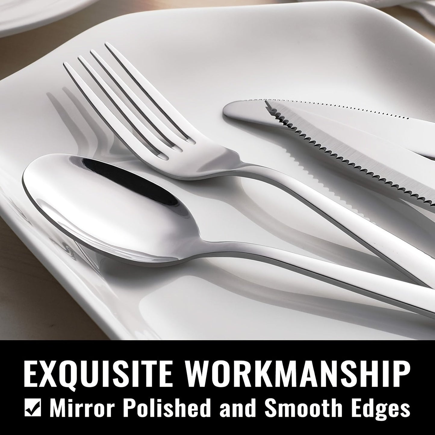 24- or 48-Piece Flatware Set with Silver, Gold or Black Finish Options and Black-Handle Steak Knives