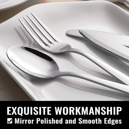 24- or 48-Piece Flatware Set with Silver, Gold or Black Finish Options and Black-Handle Steak Knives