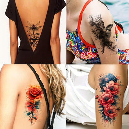 24-Sheet Watercolor Temporary Tattoo Set with Floral, Animal and Abstract Designs in 21 x 12 cm Format
