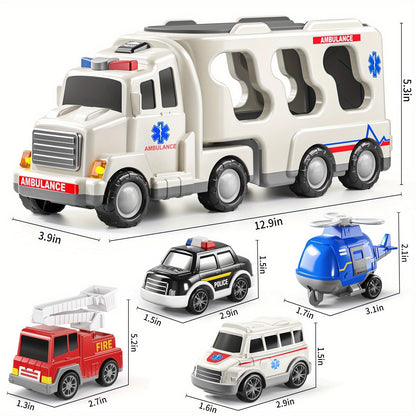 Ambulance Truck Toy 5-in-1 Carrier Set with Lights & Sounds, Friction Power Emergency Vehicle Playset for Kids Boys Ages 3+