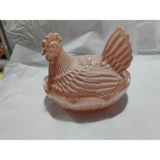 Glass Hen on Nest Candy Jar Vintage Farmhouse, Covered Chicken Storage Canister with Embossed Design