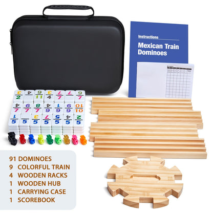Mexican Train Dominoes Double 12 Set – 91 Colorful Tiles, 9 Metal Trains & 4 Wooden Racks, Complete Strategy Board Game with EVA Travel Case