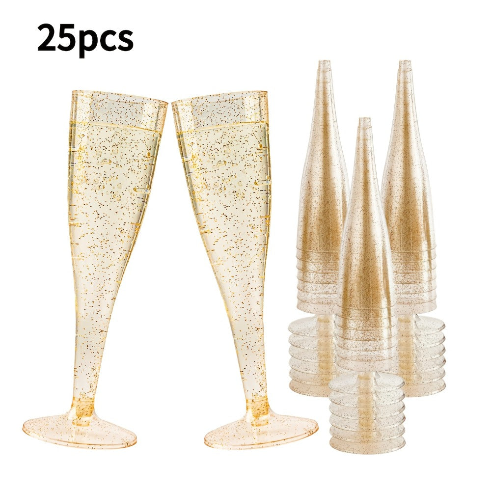 Plastic Champagne Flutes Bulk 25 50 Pack Disposable Reusable Golden Glitter Champagne Glasses for Entryways, Bedrooms and Living Spaces