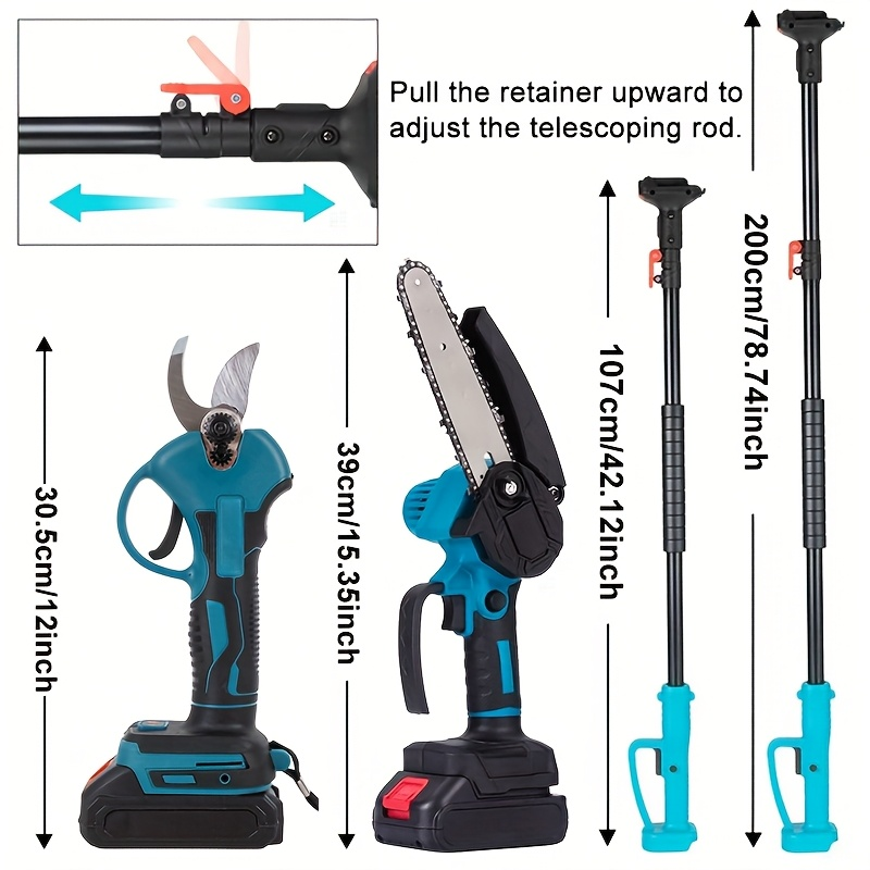 Pole Saw Set with Electric Chainsaw, 6-Inch Cordless Pruner, Long-Handle Scissor Kit, Safety Lock for Tree Pruning & Landscaping