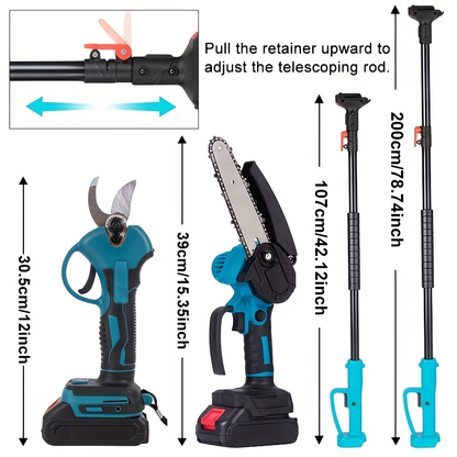 Pole Saw Set with Electric Chainsaw, 6-Inch Cordless Pruner, Long-Handle Scissor Kit, Safety Lock for Tree Pruning & Landscaping