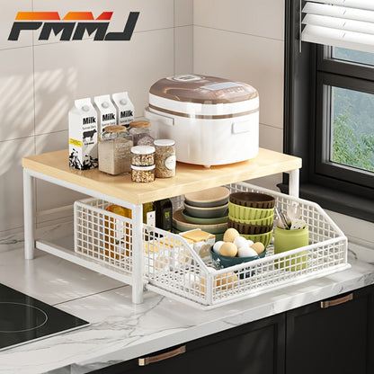 2-Tier Kitchen Countertop Organizer with Drawer & Wire Basket, Hardwood & Metal Storage Shelf for Coffee Maker