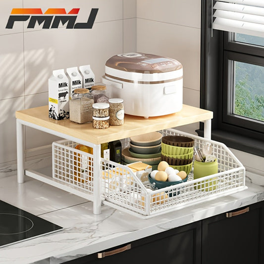 2-Tier Kitchen Countertop Organizer with Drawer & Wire Basket, Hardwood & Metal Storage Shelf for Coffee Maker
