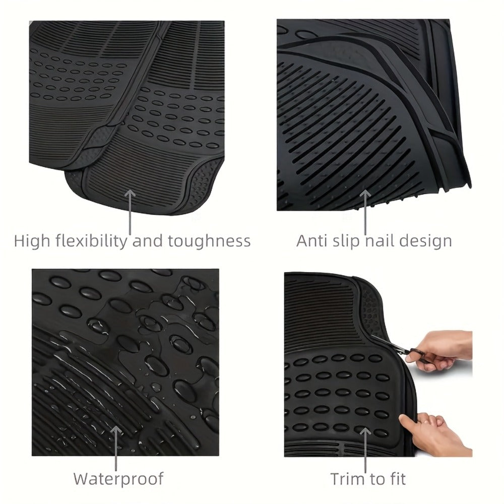 Molded Black Car Floor Mats, Three-Piece PVC Set with Two Front Mats, Rear Liner and Trim Guides